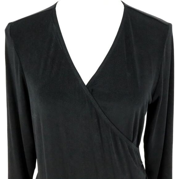 Chicos Travelers Dress 1 Womens Medium 8 Black Faux Wrap Ruched Side Career - Picture 7 of 15